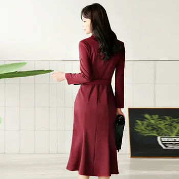 OL stil crno vino žene oblače elegantan двубортный zone ženski Vestidos 2021 Proljeće V-neck, srednje dužine poslovno odijevanje haljina