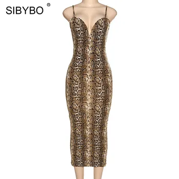 SIBYBO zmijske ispis špageti remen Sexy Long Dress vrećice V-izrez ljeto žene Dress Backless Club Party Dress Long