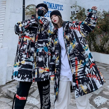Zimske pamuk meke jakne s kapuljačom parkovi muška ulica odjeća hip-hop grafiti su tiskani gusta topla jakna i kaput Harajuku odjeća WQ208