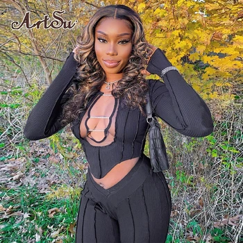 Artsu Mesh Two Piece Outfits Women Autumn Long Sleeve Top And Pants Matching Sets Female Casual Streetwear AR30347