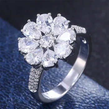 VAGZEB Silver Color Luxury Female Big Crystal Flower Ring modni angažman prstenovi za žene elegantan Cirkon zaručnički prsten prsten