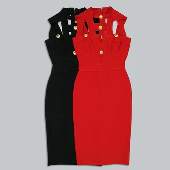Zavoj seksi выдалбливают crna crvena godišnji zavoj haljina slavne osobe pa party dizajner haljina gumb za detaljno Bodycon Vestidos novi stil