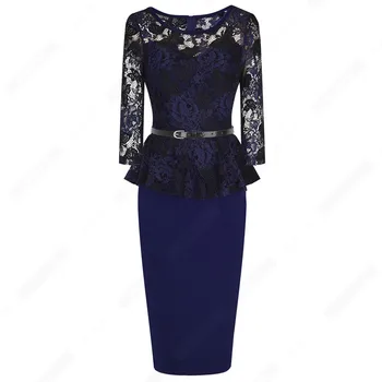 Žene klasicni cvjetni čipke See Through Dress elegantan O izrez s pojasom fascinantno haljina olovka EB360