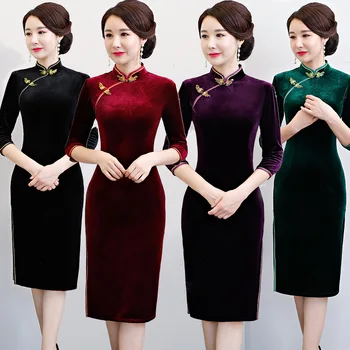 Crna proljeće duljine do koljena Cheongsam Vintage Chinese style Dress 2018 susret vama.na womens Velour Qipao Slim Party Dresses Button Vestido S-4XL