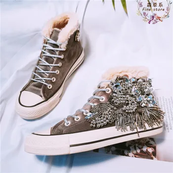 Teška Chaopai high-top debeli potplat platnu cipele 2019 novi šljokicama perle i ukrasne plus baršun ulične casual cipele