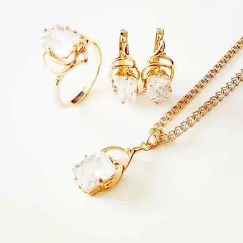 Dubai Luxury Women Jewelry Set 585 Rose Gold Trendy Clear Cubic Circon Ring and EarringJewelry Sets