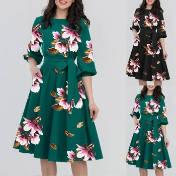 SAGACE Vintage summer dress 2019 A-Line Women elegantan O-izrez Pola vrećice džep pojas dužine do koljena svakodnevno haljina Party Female new