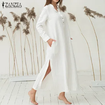 ZANZEA brand 2021 ženske haljine jesen svakodnevni Slobodna pamučna odjeća dugih rukava Seksi Split rub Maxi duge haljine u plus veličine Vestido