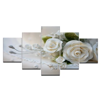Platna HD-ispisuje fotografije modularni zid umjetnosti plakati okvir 5 kom. Bijele ruže cvijeće slike za dnevni boravak doma dekor