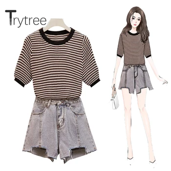 Trytree 2020 Summer Women Two Piece Set Casual O-izrez prugasta majica majice + kaubojske hlače kićanka modni džepove set od 2 komada