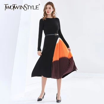 TWOTWINSTYLE Print Dress For Women O neck, dugi rukav visokog struka zonama Ruched Loose Vintage Mid Dresses Female 2020 Autumn Tide