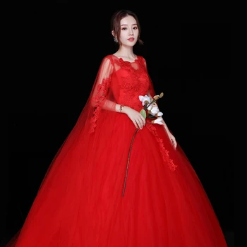 2019 New Simple Fashion Red Lace O-izrez vjenčanice za mladenke veličina 2-26W vjenčanicu jeftini ogrtač De Mariage s dugim šalom 30