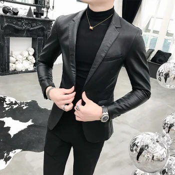 2019 Solid Black Slim Fit Blazer Hombre PU kožna jakna muškarci jedan gumb poslovne svakodnevne gradacija blazers za muškarce korejski odijelo i kaput