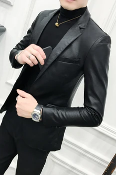 2019 Solid Black Slim Fit Blazer Hombre PU kožna jakna muškarci jedan gumb poslovne svakodnevne gradacija blazers za muškarce korejski odijelo i kaput