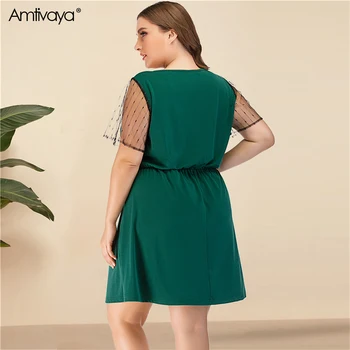 Amtivaya zelena veliki plus size haljina 2020 moda ljeto žene Seksi mrežaste šivanje V-neck, do koljena suknju