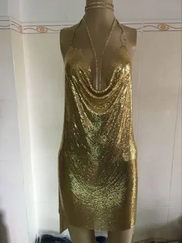2018 Kendall Jenner's Sexy Halter Metal Party Dress Seksi sleeveless Deep-V halter Christmas party dress