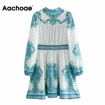 Aachoae Women Vintage A Line Mini Dress V Izrez Na Zakopčane Ocjena Tiskanom Haljina Donje Dugi Rukav Elegantne Haljine 2020 Vestidos