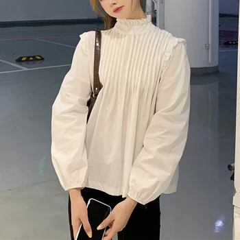 Korejski bijela bluza žene s dugim rukavima stražnji gumb košulje plus size nabrane košulje proljeće i jesen vrhovima blusas mujer
