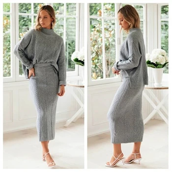 Jesen Zima Elegantan Moda 2 Kom. Skup Sivi Džemper Od Dva Dijela Skup Žena Džemper Duga Suknja Водолазка Кинтед Odjeća 2020