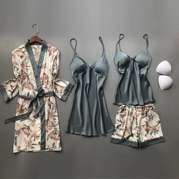 QWEEK kućno odijelo svilene pidžame za žene cvjetni Salon Wear Pijama ljetnim pidžama satin pidžama V-neck, 2 kom. kompleta