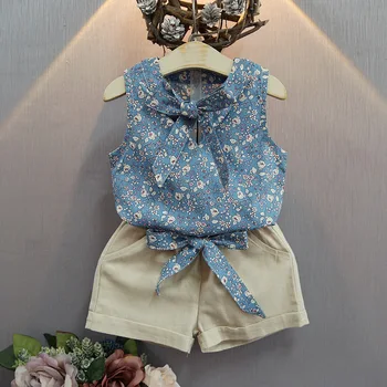 Rasprodaja! ljeto dječje odijevanje djevojke odjeća prsluk od dva dijela rukava dječji kompleti suknja slatki ispis luk odijelo