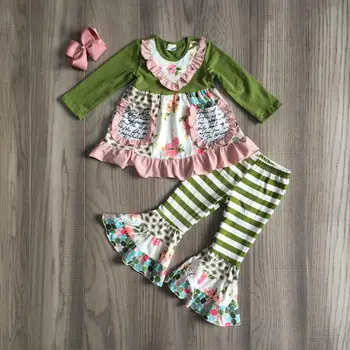 Djeca djevojke jesen odjeća djevojke cvjetne haljine s zvono dno Hlače dječje djeca boutique odjeća s lukom djeca zeleni set