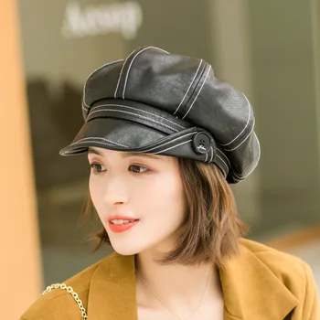 Caluriri nova zimska umjetna šešir kožni gumb osmerokutni šešir moda Divlja Književnu britanska klasicni PU uzima šešir PU Slikar Hat