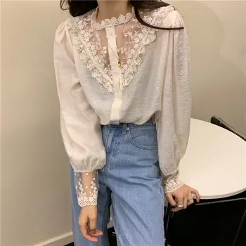 Alien Kitty 2020 Large Size Lace Elegance Stand Office Lady Tops Chic Sweet Gentle Korean Elegant Full-Sleeved All Match Shirts