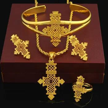 Etiopljanin nakit križ privjesak ogrlica krug / naušnice / narukvice / ring set 24k zlatni boja afričkih žena udata