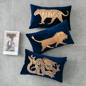 DUNXDECO jastučnicu Dekorativna jastučnica moderna umjetnička luksuz Plavi baršun tigar lav zmaj izvesti kauč stolica Coussin