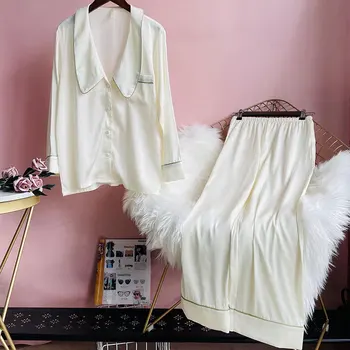 Lisacmvpnel led svilene pidžame Ženske proljeće i jesen dugih rukava, hlače francuski elegantan kućna odjeća