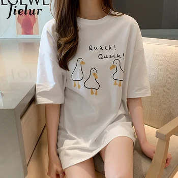Jielur ljetnim pamuk majice žene crno bijela slatka crtani patka ispis kratki rukav majica ženska BF žena Harajuku t-shirt
