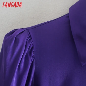 Tangada women purple satin shirt dress long sleeve beading buttons ženske mini haljine vestidos 2W41