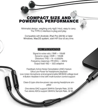 Type-C to Dual 3.5 mm Audio Jack Adapter DAC za iPad Pro 2020 2019USB, Samsung S20 Ultra, Note 20 10, MacBook Por Air, Splitter