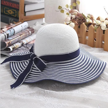2019 Fashion Hepburn Hat Wind Black White Plavobijelog Bowknot Summer Sun Hat Beautiful Women Straw Beach Hat Wide-brim Cap