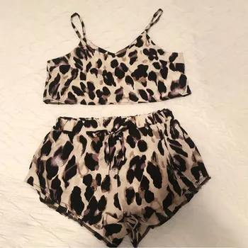 Pyjama satin femme silk pyjamas sets Seksi Satin Lingerie Lace Leopard Shorts Set Žene odjeća za spavanje Set donje rublje 50*