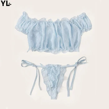 Novo Seksi donje rublje Mesh Bra Set Off Shoulder Ruffle Underwear Suit Slatka Dot Wireless Transparent Bralette Thong Intimates