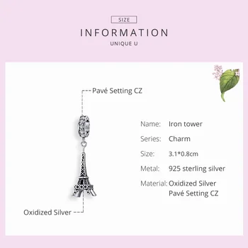 WOSTU pravi 925 sterling srebra Eiffelov toranj ovjes Cirkon delikatna zrna idealni izvorni narukvicu privjesak nakit je CTC154