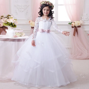 Nova bijela raskošnom Čipkom cvijet girl haljina za vjenčanje s dugim rukavima loptu haljina djevojka stranka Sakrament predstave haljina Vestidos