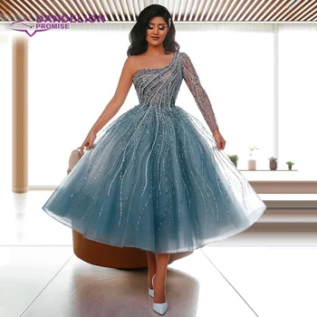 Luksuzni Dubai A-Line večernjih haljina za žene 2021 jedno rame rukava munja pre tila perle, kristali večernja haljina