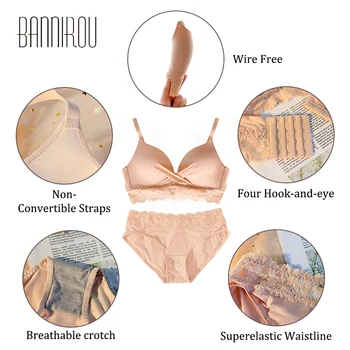 BANNIROU Underwear Woman Lingerie For Young Girls Bra Brief Sets Bralette Young Woman Active Grudnjak Push Up the Wire Free Bras 2021 New
