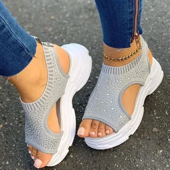 Žena sandale Casual cipele i ljeto Peep Toe platforma dame gorski kristal skliznuti na ženske tkiva plus size udobnost 2020 moda