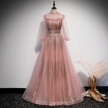 Roza večernje haljine žene s visokim cutaway iluzija ruga šljokice Bling tri četvrtine Carstvo rukava večernja haljina R1392