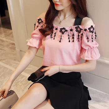 Novo ljeto sweet pink šifon ženska bluza košulja moda 2021 kratkih rukava ženske majice Slash Neck Ženska odjeća Blusas D836 30