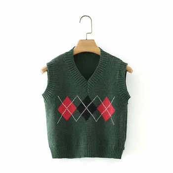 BM style koreanska verzija puloveri bez rukava sa V-izrez Slim ladies short jacket college style diamond check color vest