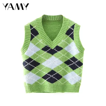 BM style koreanska verzija puloveri bez rukava sa V-izrez Slim ladies short jacket college style diamond check color vest