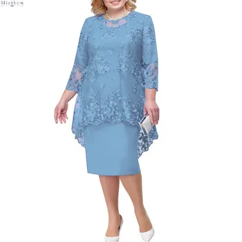 Plus size večernja haljina 2020 kraljevski plava kratka večernja haljina 2019 čaj duljina 3/4 rukava čipke robe de soiree