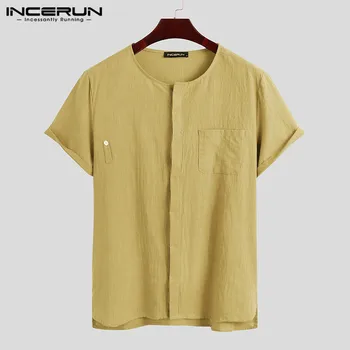 2021 pamučna majica muškarci čvrste kratkih rukava vintage O neck gumb Harajuku svakodnevni branded bluza ulica odjeća Camisa Masculina INCERUN